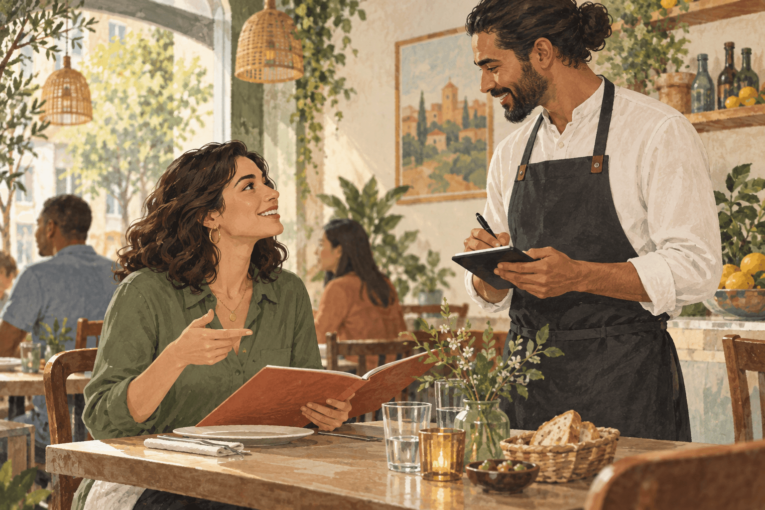 A Spanish learner confidently ordering at a restaurant