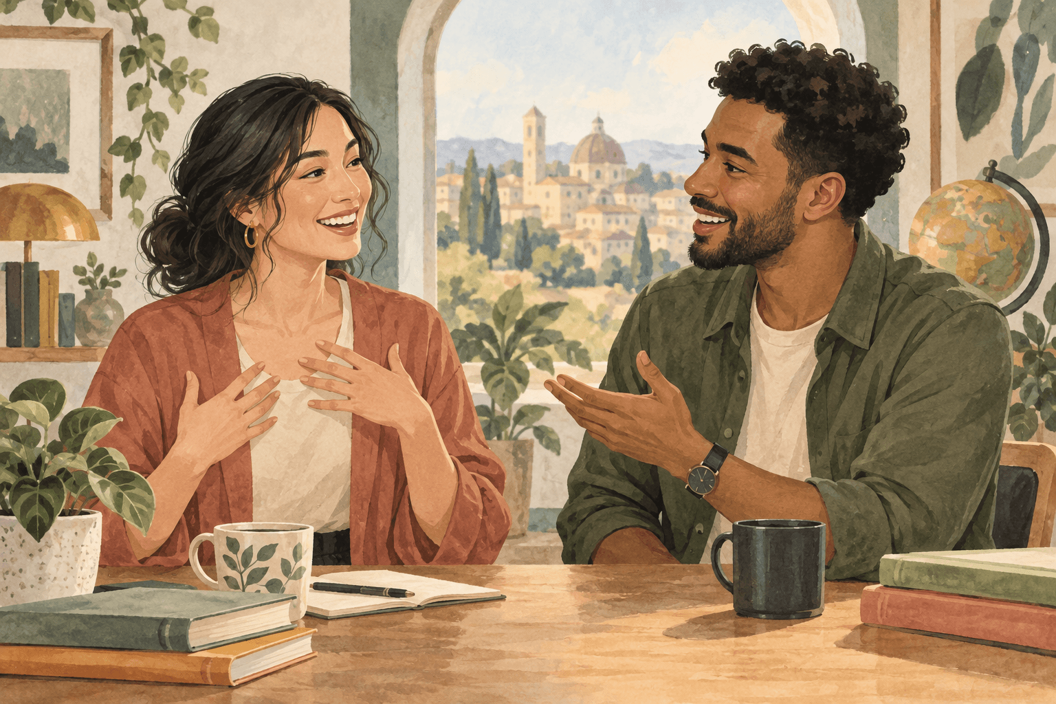 Dos estudiantes practicando una conversación en inglés
